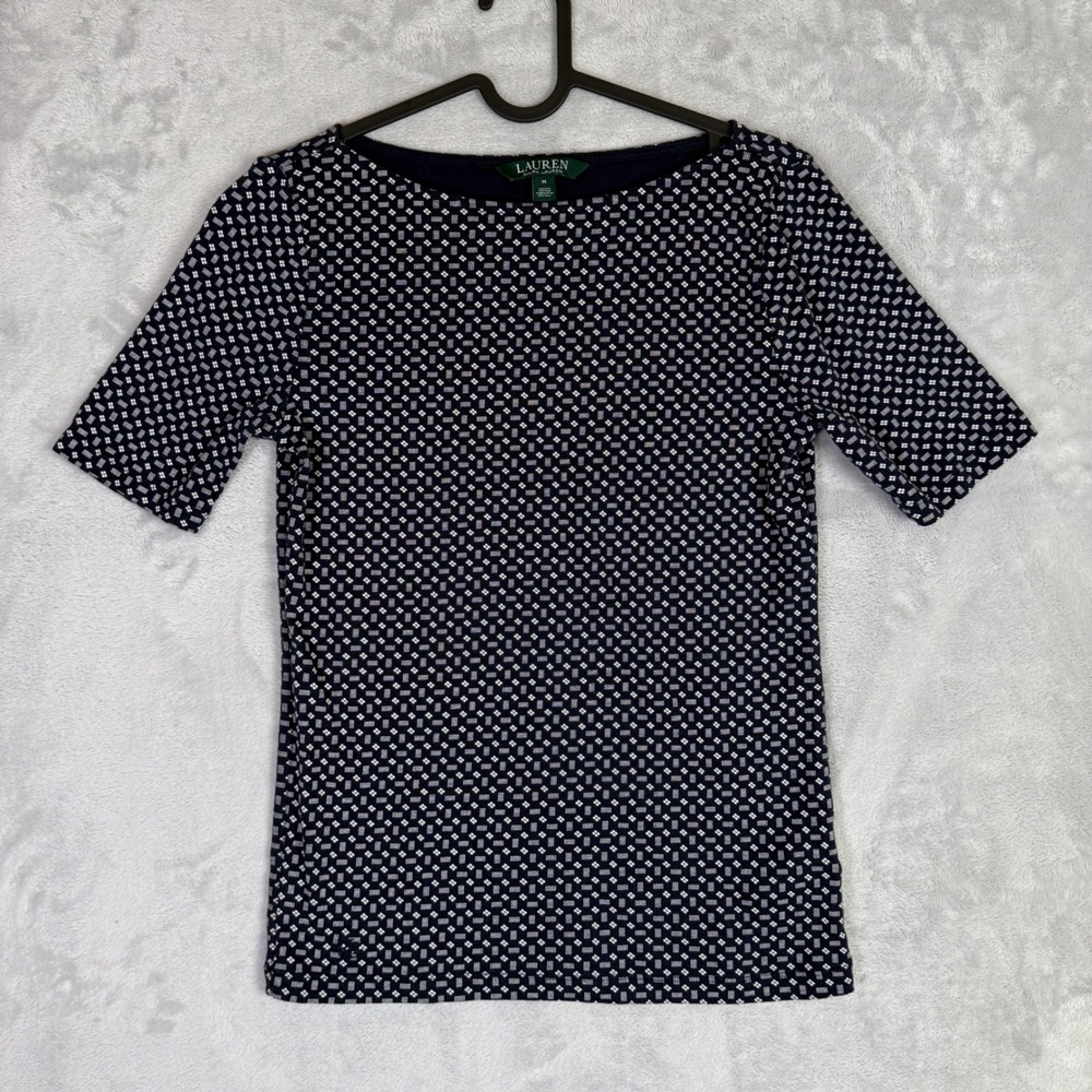 Lauren Ralph Lauren Top Women Medium Navy Blue Geometric Boat Neck Short Sleeve